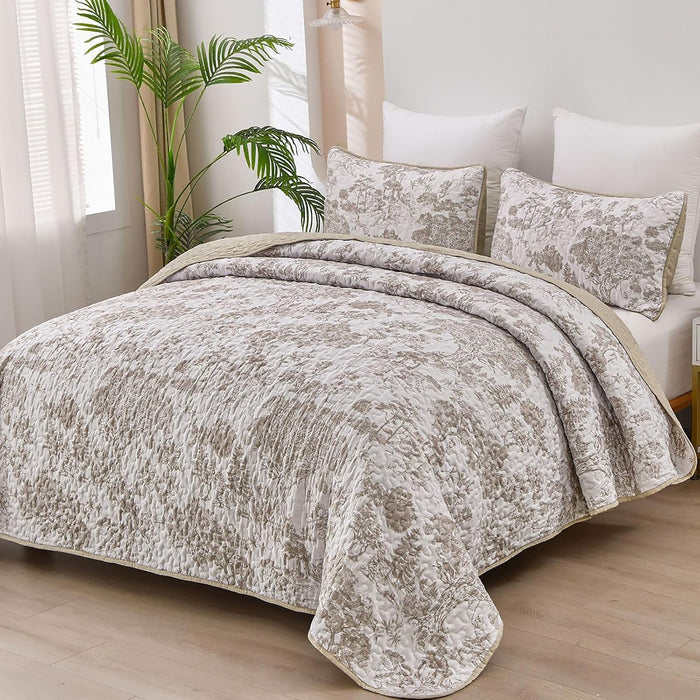 WONGS BEDDING Botanical Quilt Set Queen Size, Sage Green 3 Pieces Toile Floral Plants Printed Bedspread Bedding Set Soft Lightweight Microfiber Coverlet Set for All Season (96"x90")