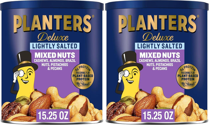 PLANTERS Deluxe Mixed Nuts, Cashews, Almonds, Brazil Nuts Mix, Pistachios, Pecans, Lightly Salted, Snacks for Adults and Kids, Party Snack, 15.25oz