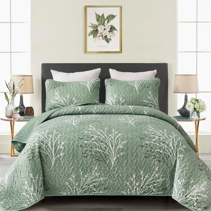 DJY Sage Green Quilt Set Full Size, Branch Botanical Pattern Bedspread Coverlet Set, 3 Piece Microfiber Green Floral Quilt Bedding Set Lightweight Summer Bedspread for All Season, 80''x90''