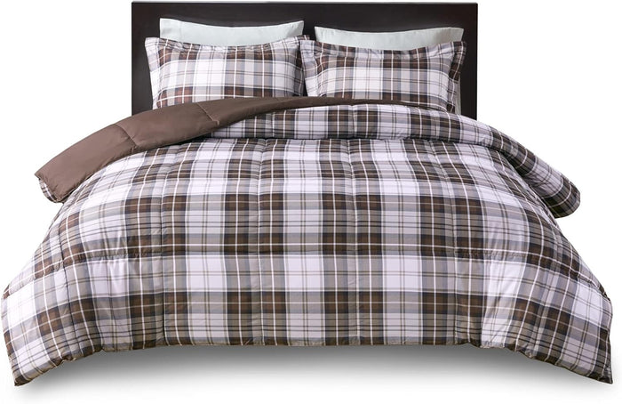 Madison Park Essentials Parkston Plaid Comforter, Matching Sham, 3M Scotchguard Stain Release Cover, Hypoallergenic All Season Bedding-Set, Full/Queen, Black, 3 Piece