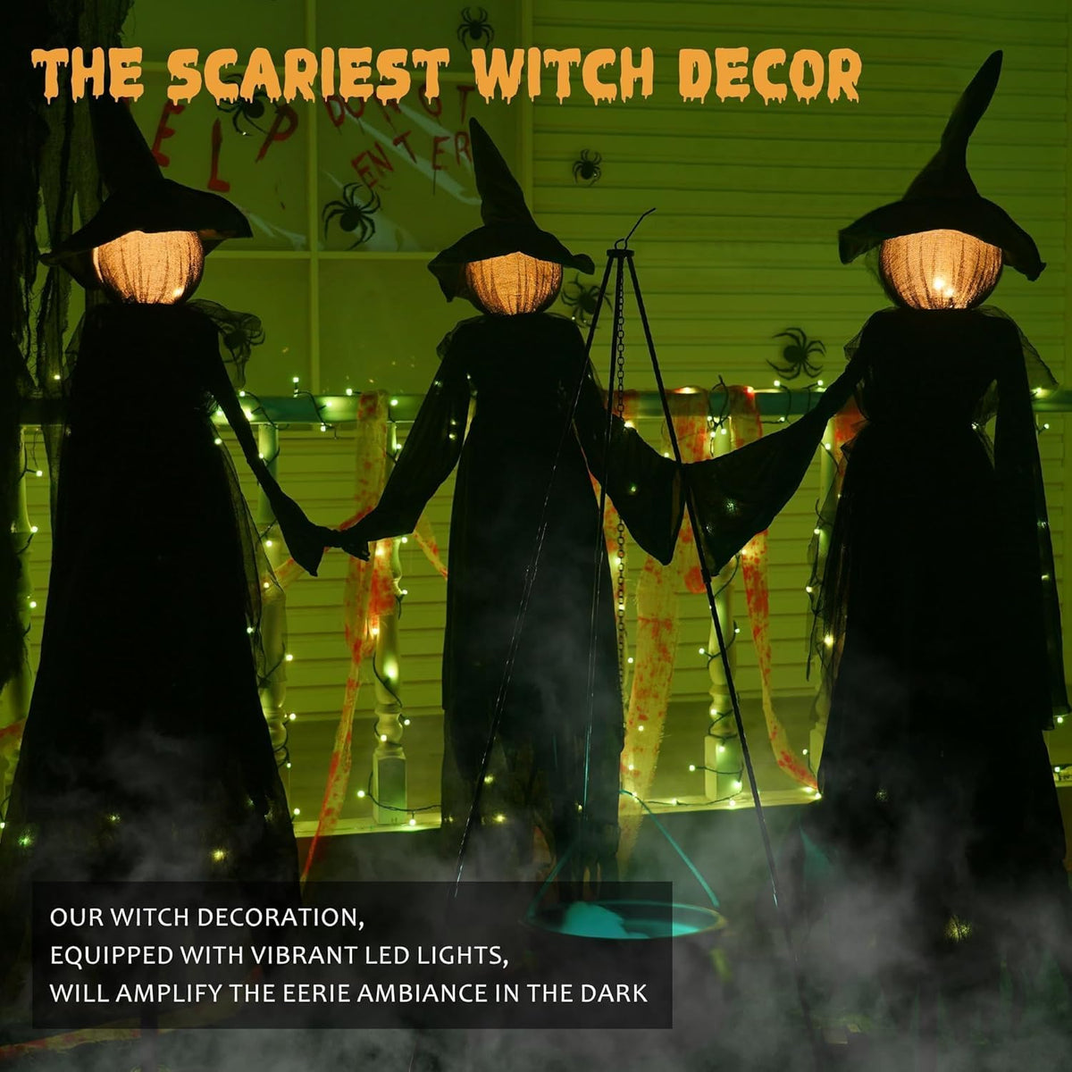 NEROSUN Halloween Decorations, 4 FT Set of 3 Light Up Witches Holding Hands Witches with Stakes, Witch Decorations with Glowing Face for Yard Garden Outdoor Lawn Porch Haunted House Decor
