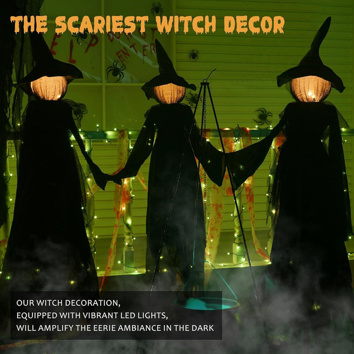 NEROSUN Halloween Decorations, 4 FT Set of 3 Light Up Witches Holding Hands Witches with Stakes, Witch Decorations with Glowing Face for Yard Garden Outdoor Lawn Porch Haunted House Decor