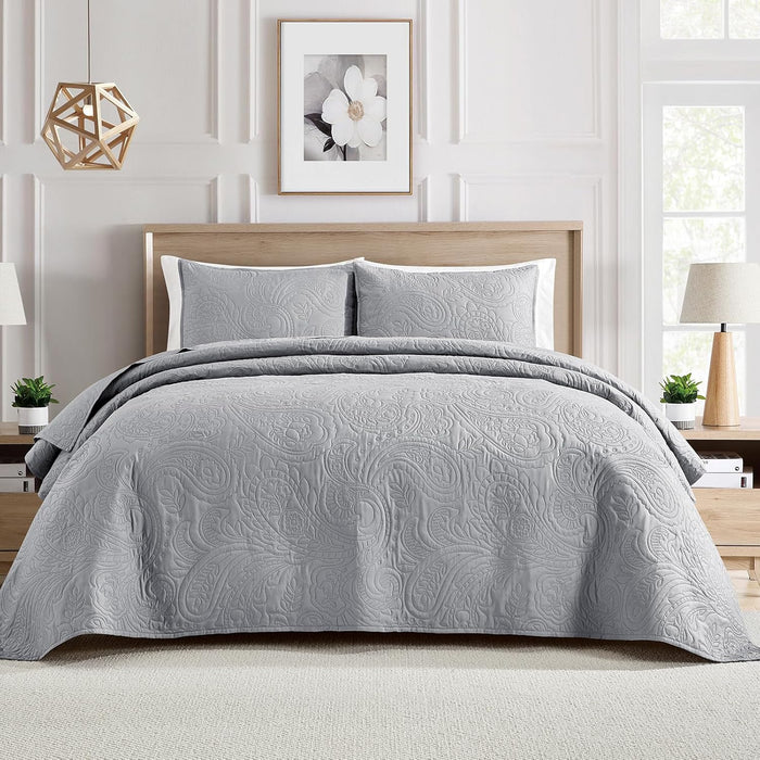 BOURINA Ultrasonic Quilt Set Bedspreads 3-Piece Bedding Set Pre-Washed Microfiber Ultra Soft Lightweight Flower Coverlet Set for All Season, Queen Taupe