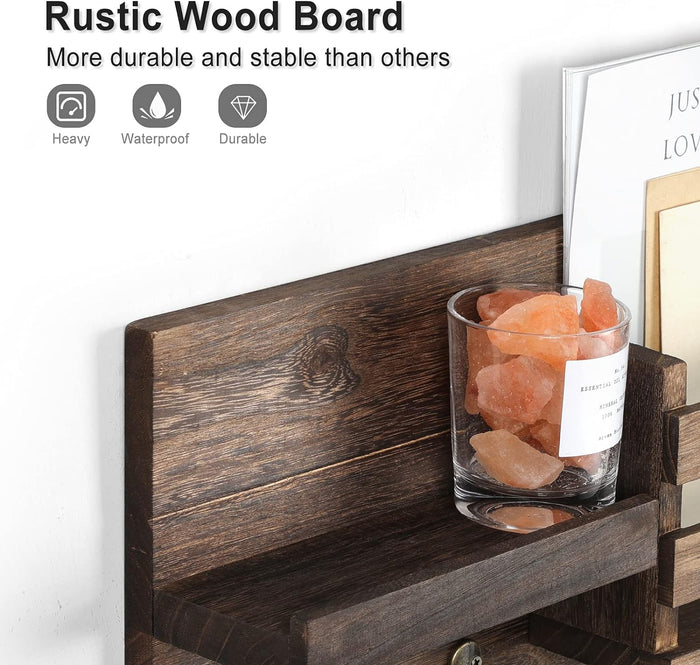 Mail Organizer for Wall Mount – Key Holder with Shelf Includes Letter Holder and Hooks for Coats, Dog Leashes – Rustic Wood with Flush Mounting Hardware (16.5” x 8.7” x 3.5”)