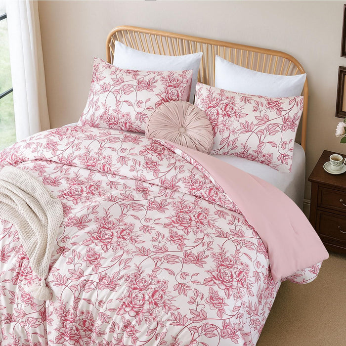 JANZAA Comforter Set Comforter Floral Bedding Sets Flowers Bed Comforter 1 Soft Reversible Botanical with 2 Pillow Shams (Pink, Queen)