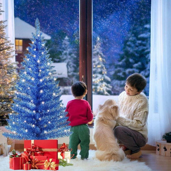 4ft Lighted Artificial Blue Christmas Tree, Not Pre-lit Blue Tinsel Pine Trees with Lights, Ideal for Ideal for Home, Office, and Xmas Party Décor - Includes Stand