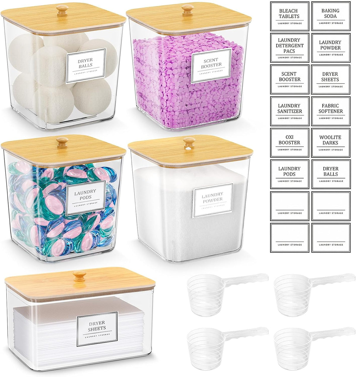 Laundry Pods Storage Container, Clear Laundry Room Organization and Storage ,Detergent Powder Container,with Wooden Lids & Labels, 3+1 Pack