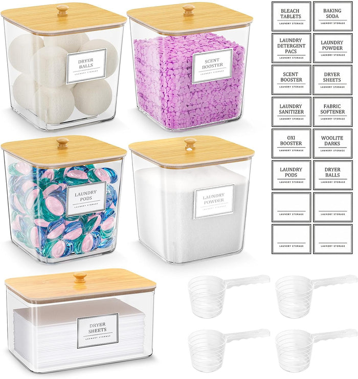 Laundry Pods Storage Container, Clear Laundry Room Organization and Storage ,Detergent Powder Container,with Wooden Lids & Labels, 3+1 Pack