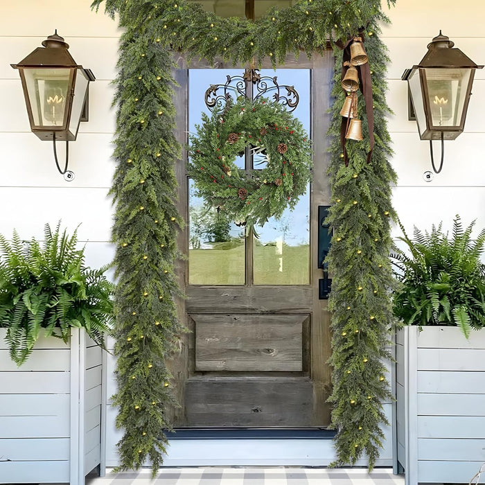 Waipfaru 1 Pcs 9FT Christmas Garland with Lights, Cedar Garland Artificial Realistic, Thick & Lush Faux Pine Garland for Mantle Fireplace Wall Party Outdoor Indoor Christmas Decorations