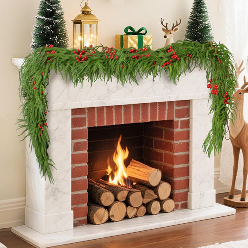 9FT Christmas Garland for Mantle, Artificial Real Touch Norfolk Pine & Cedar Garlands for Xmas Decoration Indoor Outdoor, Realistic Greenery Christmas Garland for Stairs Railing, Fireplace, 1 Pack