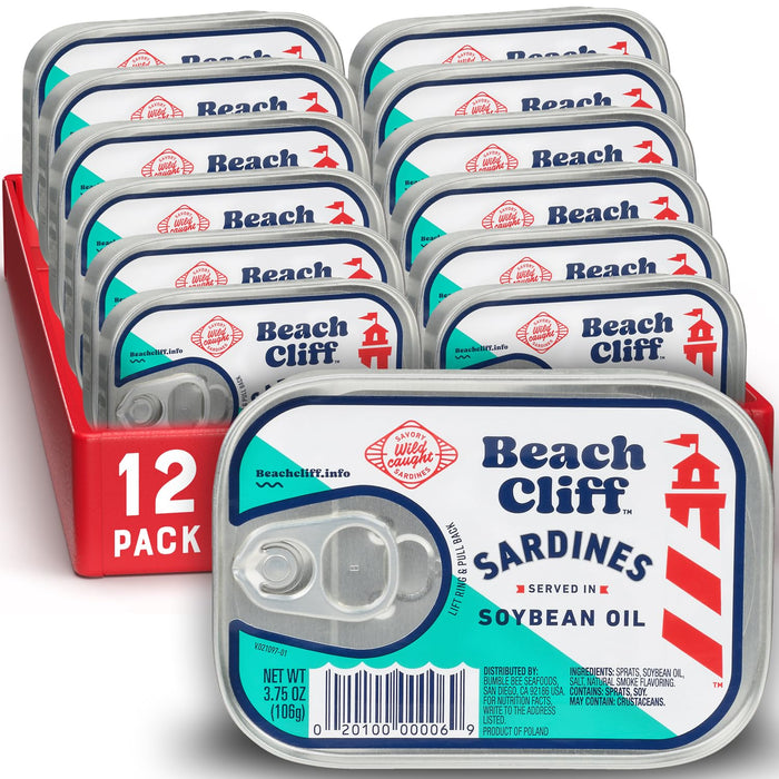 Beach Cliff Wild Caught Sardines in Soybean Oil with Hot Green Chilies, 3.75 oz Can - 17g Protein per Serving - Gluten Free, Keto Friendly - Great for Pasta & Seafood Recipes (Pack of 2)