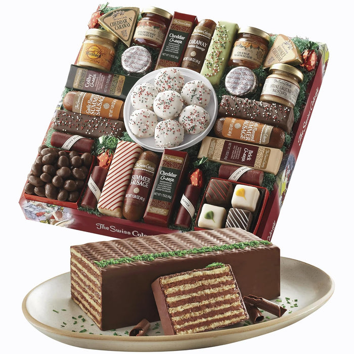 The Swiss Colony 27 Favorites Food Gift Set, Summer Sausage Meats and Cheeses, Assorted Chocolates, Candies, Petits Fours, Cheese & Charcuterie Board Gifts Basket, Holiday, Christmas - Holiday Red Box