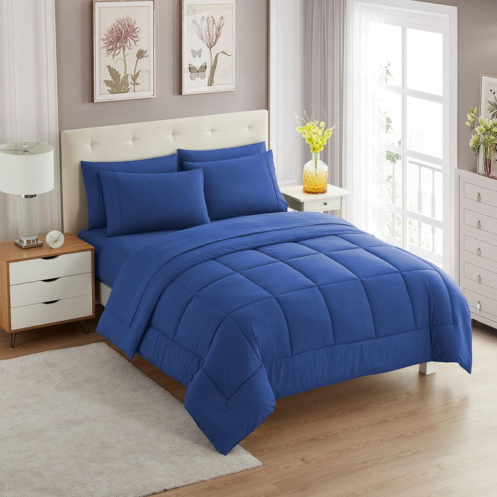 Full Size Comforter Set with Sheets - 7-Piece Bedding Collection - 1 Comforter, 1 Fitted Sheet, 1 Flat, 4 Pillowcases - Deep Pocket - Soft & Premium Quality - Ideal for All Seasons, Navy Blue