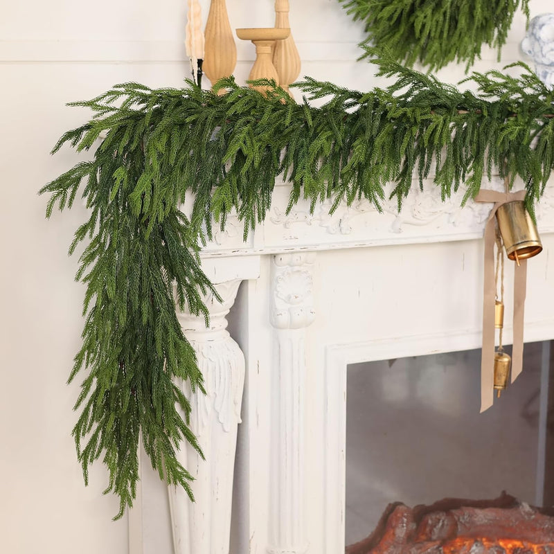 9FT Real Touch Norfolk Pine Garland - Artificial Christmas Garland Fake Green Faux Pine Needles Garland for Table Fireplace Mantle Holiday Home Indoor Outdoor Decor (2PCS)