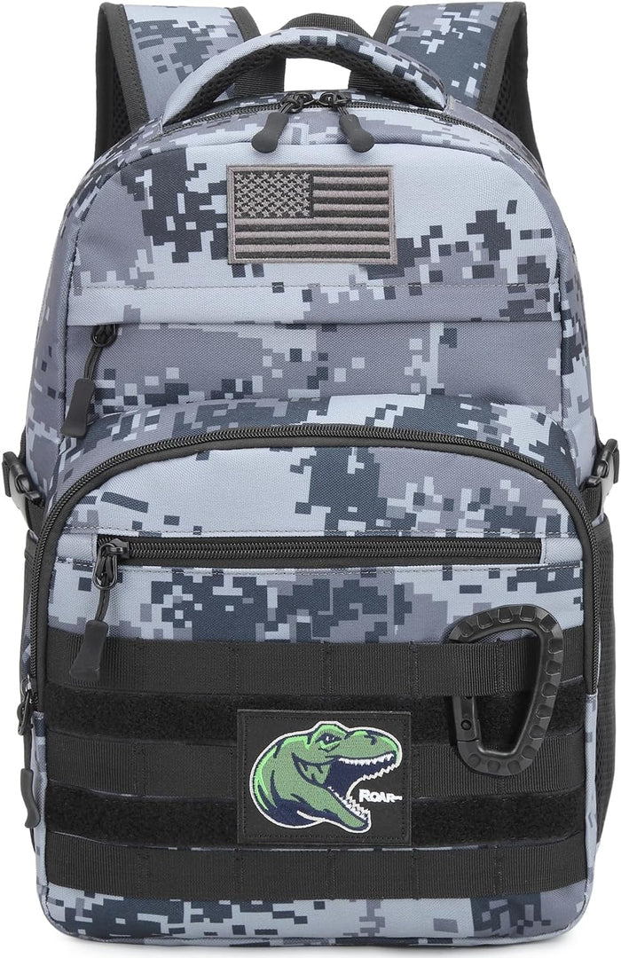 Kids Tactical Backpack Army Molle Bookbag Military Boys Backpack for School, Outdoor, Camping (Includes 2 Patches+1Carabiner), Black Camo