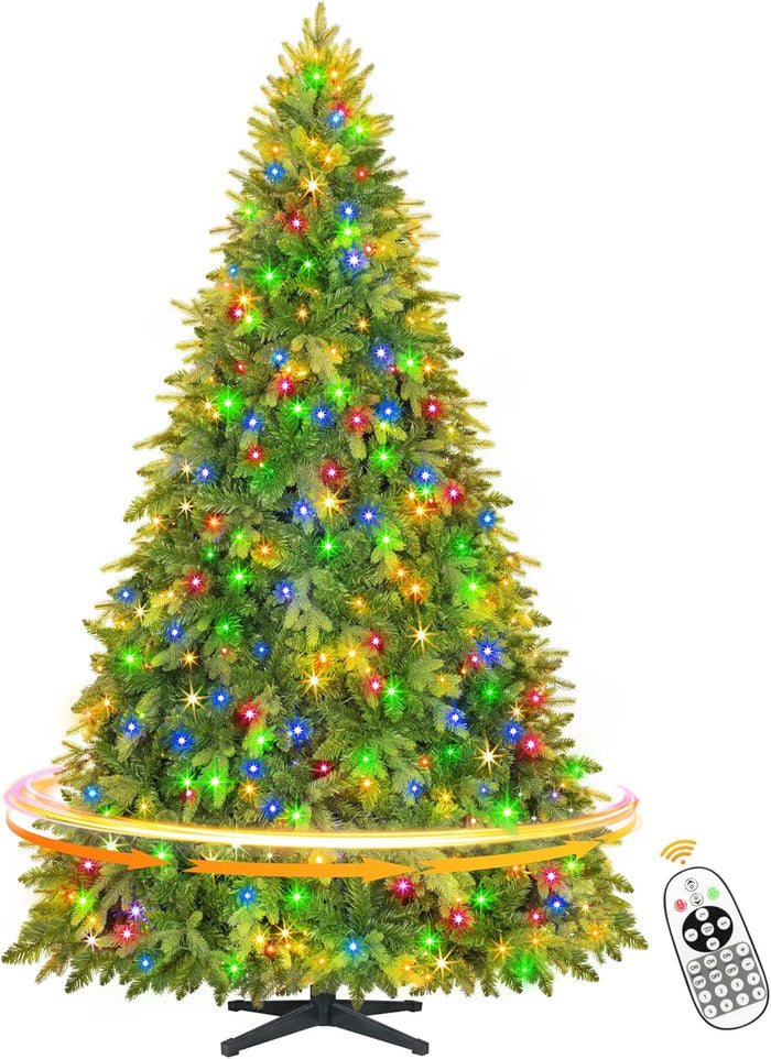9FT Pre-Lit Rotating Artificial Christmas Tree, Deluxe Green PE & PVC Xmas Tree with Remote, Multicolor Musical LED Lights Strip with Flash Modes, Holiday Home Decor