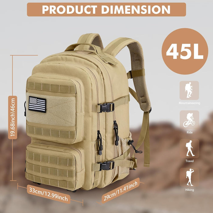 G4Free 45L Military Tactical Backpack for Men Large Army Molle Daypack 3 Day Assault Pack Bug Out Bag Hiking Rucksack(Khaki)