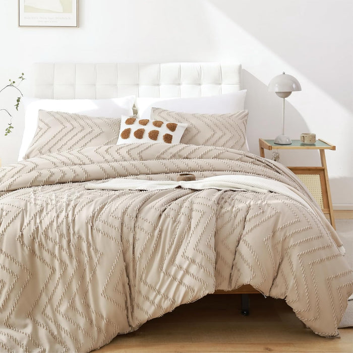 YIRDDEO Pink Queen Size Comforter Set 3Pcs - Boho Chevron Blush Farmhouse Bedding, Vertical Tufted Lightweight Neutral Bed Set (1 Comforter, 2 Pillowcases)