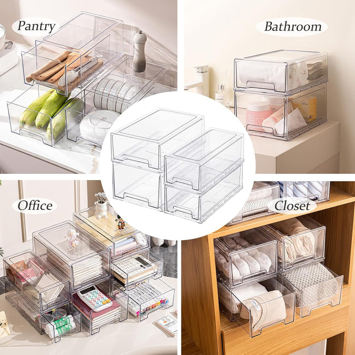 PeJeyiee 2 Pack Stackable Pull-Out Storage Drawers，Plastic Clear Organizer Bins with Handles，Easily Clean for Kitchen Undersink，Craft, and Toy Organization，Fridge，Closet, Pantry, Office, Bathroom
