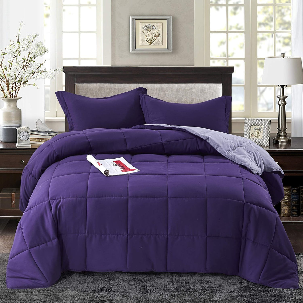 HIG 3pc Green King Size Comforter Set -All Season Reversible Down Alternative Comforter Bedding Comforter -Quilted Duvet Insert with Corner Tabs - Box Stitched Blanket - Breathable, Soft, Fluffy