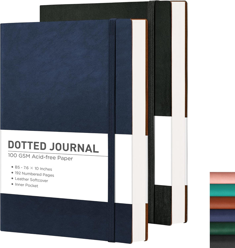 RETTACY Bullet Dotted Journal Notebook, 2-Pack, 192 Numbered Pages per Pack, B5 Medium Size (7.6'' × 10''), Leather Softcover, 100 GSM Thick Paper, for Bullet Journaling (Black & Brown)