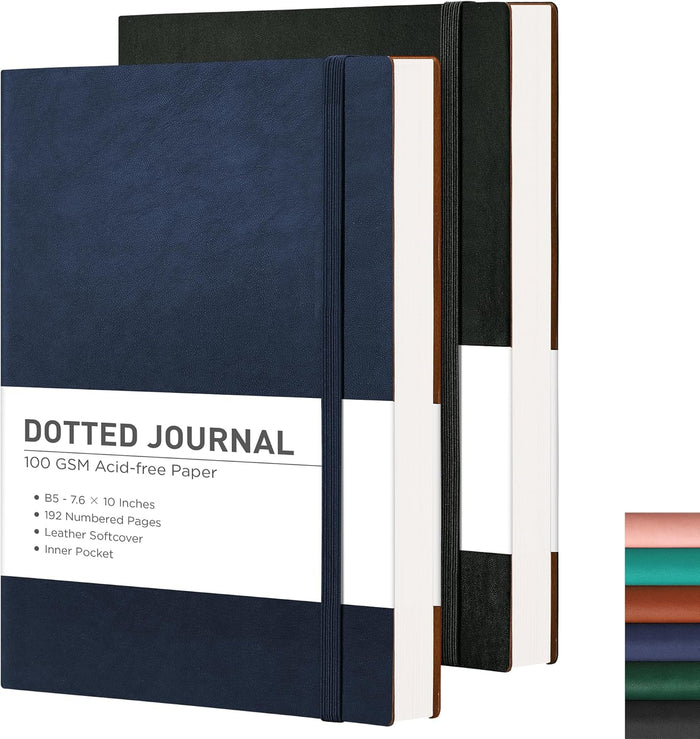 RETTACY Bullet Dotted Journal Notebook, 2-Pack, 192 Numbered Pages per Pack, B5 Medium Size (7.6'' × 10''), Leather Softcover, 100 GSM Thick Paper, for Bullet Journaling (Black & Brown)