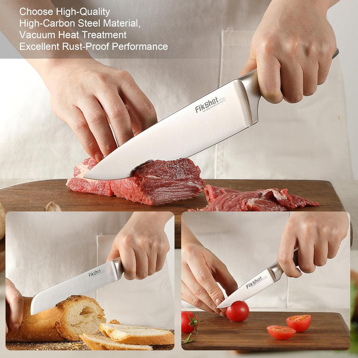 Knife Block Set, Kitchen Knife Sets with Block, FIKSHOT Knives Set for Kitchen - Razor-Sharp Santoku Knife, Fruit and Kitchen Sets - Rust Resistant for Homecooks (Silver + Walnut)