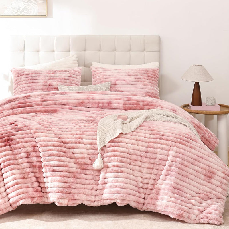 Smoofy Fluffy Queen Comforter Set 3 Pieces - Cream White Fleece Fluffy Comforter Set, Luxury Fuzzy Queen Bedding Set, Soft Warm Bed Set All Season, Heavy Faux Fur Comforter with 2 Pillow Cases