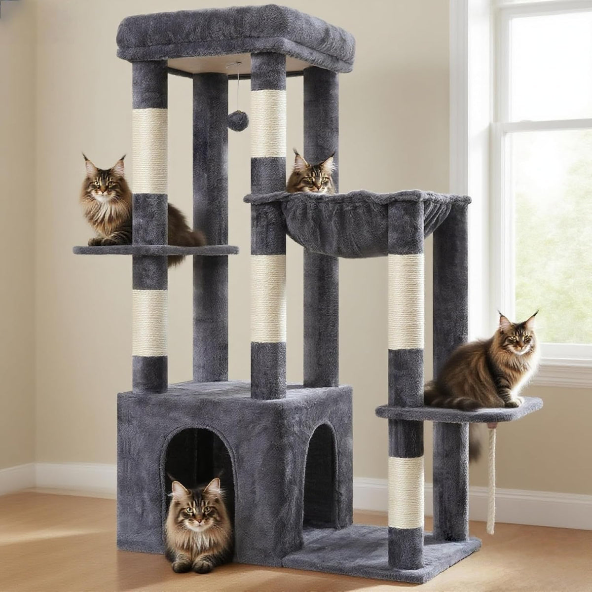 Heybly Cat Tree, 71-Inch Tall Cat Tower for Large Maine Coon Cats with Extra-Large Baseboard, Cat Condo Furniture with Multi-Level Platforms, 2 Hammocks and 12 Scratching Posts, Smoky Gray HCT037G