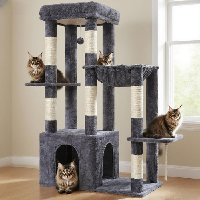 Heybly Cat Tree, 71-Inch Tall Cat Tower for Large Maine Coon Cats with Extra-Large Baseboard, Cat Condo Furniture with Multi-Level Platforms, 2 Hammocks and 12 Scratching Posts, Smoky Gray HCT037G