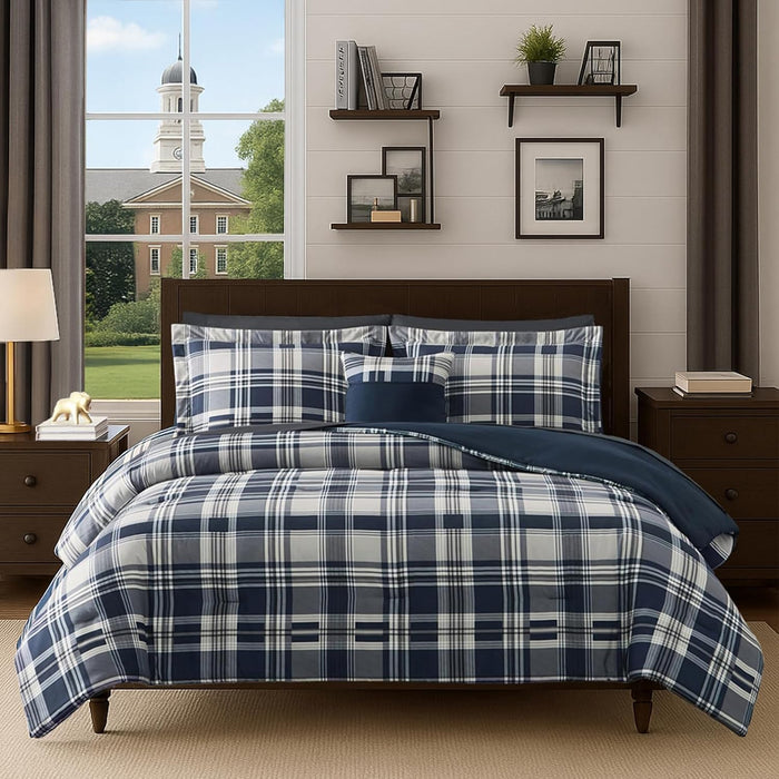 MaiRêve Full Size Comforter Set Navy Blue, Plaid Design Comforter Set 7 Pieces, All Season Comfortable Bedding Sets Full, Lightweight, Soft and Warm (Navy Blue, Full)