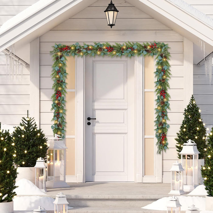 6ft Christmas Garland with Lights Artificial Cedar Cypress Garland with Pine Cones Garland for Home Fireplace Wall Indoor Outdoor Holiday Party Decoration
