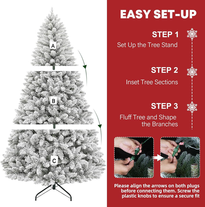 Hykolity 6 ft Prelit Snow Flocked Christmas Tree, 250 Color-Changing LED Lights, 1032 Hinged Branch Tips, 10 Colors, Full Snowy Appearance, Easy Assembly, Metal Stand