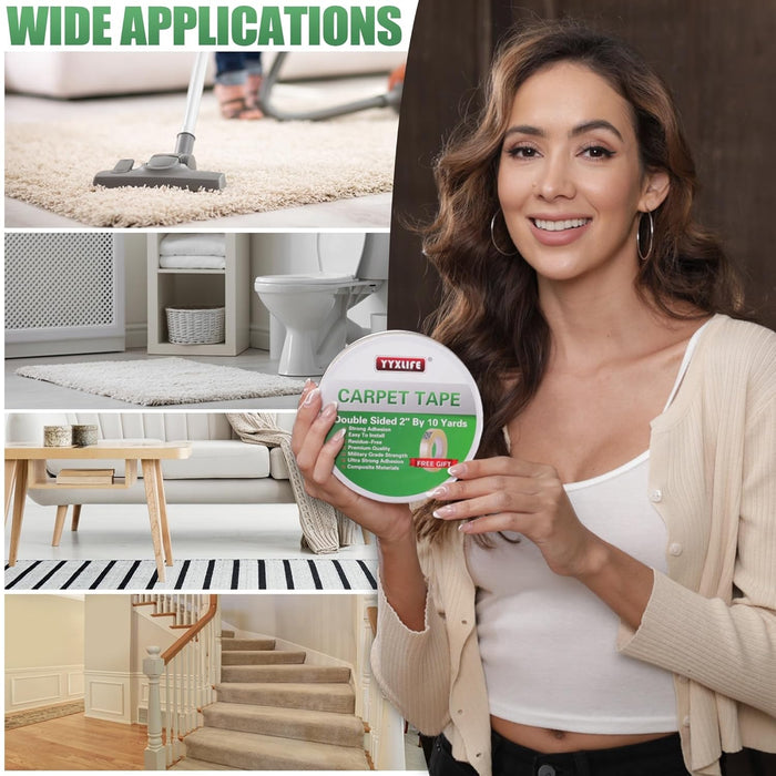 YYXLIFE Double Sided Removable Rug Tape - Carpet Adhesive for Hardwood Floors,Non Slip Anti Curling Floor Tape for Area Rugs,Mats,Carpets - No Residue Strong Hold for Tile, 2Inch x 10Yards,White