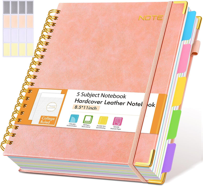 Hardcover Spiral Notebook journal with Removable Dividers Tabs, 300 Pages Leather 5 Subject Notebook College Ruled, 8"x10" Large B5 Notebooks for Work School Note taking, Lined Journal for Women,Green