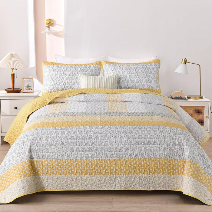 WONGS BEDDING Grey Quilt Queen Size, Bohemian Stripe Quilt Sets 3 Pieces Gray Boho Quilted Bedspread Set Lightweight Microfiber Coverlet Bedding Set All Season (96"x90")