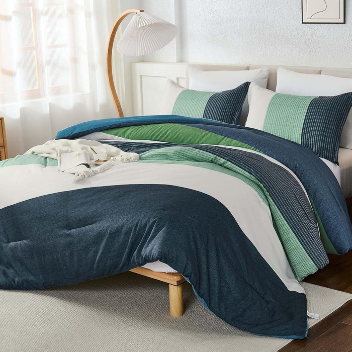 WONGS BEDDING Black Comforter Set Queen, Reversible Black Grey Stripe Down Alternative Comforter for All Season,3 Pieces(1 Patchwork Comforter+2 Pillowcases), Soft Microfiber Bedding Set 90"×90"