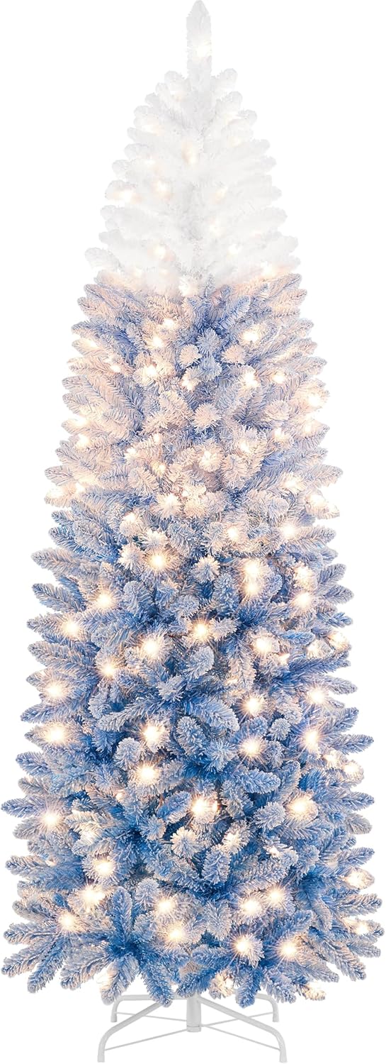 Yaheetech 7.5ft Pre-lit Kingswood Fir Pencil Artificial Hinged Christmas Tree Skinny Corner Xmas Tree with 350 Incandescent Warm White Lights Prelighted Xmas Tree with Foldable Stand, Green