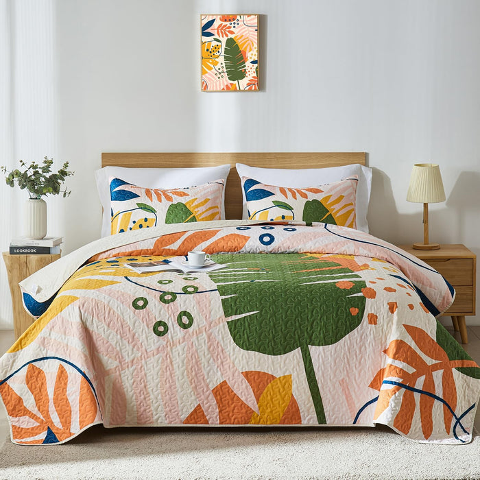 Yogeneg Queen Quilt Bedding Set,Green Pink Botanical Pattern Sky Blue Full/Queen Quilt Set,3 Piece Lightweight Soft Summer Bedspread Coverlet with 2 PIillow Shams,All Season(Sky Blue,90"x96")