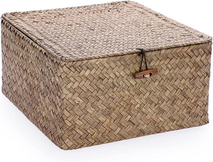 Hipiwe Handwoven Seagrass Basket Bin Square Household Storage Container with Lid Wicker Shelf Basket Bin for Bookshelf Living Room Bath Room, Large Caramel