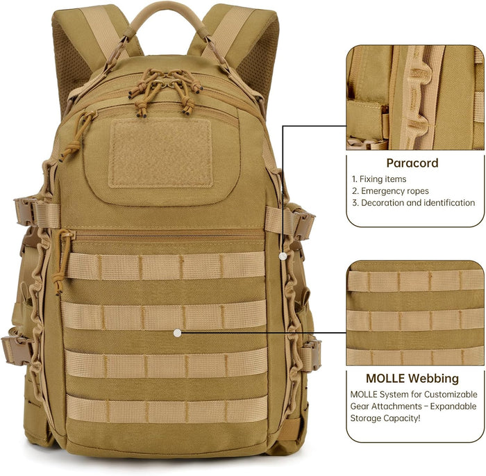 Tactical Backpack for Men: 27L Lightweight Assault Pack,Waterproof and MOLLE System,For Camping, Hiking Daypack in Khaki