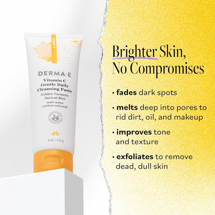 Derma E Vitamin C Gentle Daily Cleansing Paste, 4.0 Oz, Vitamin C Face Mask or Facial Wash with Turmeric, Brightening and Clarifying Facial Mask and Scrub