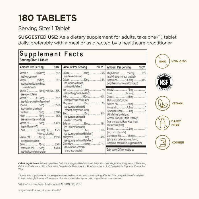 Solgar Formula VM-75, 180 Tablets - Multivitamin with Chelated Minerals - Vitamin A, B6, B12, C, D, E - Biotin, Magnesium, Calcium, Iron, Zinc - Vegan, Gluten Free, Dairy Free, Kosher - 180 Servings