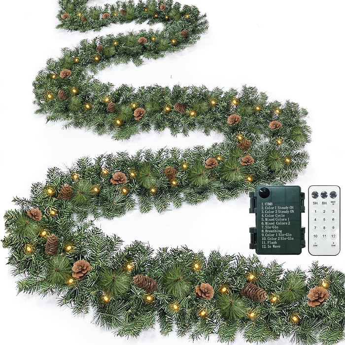 Auto Timer & 8 Modes 9Ft by 10 Inch 50 LED Prelit Christmas Garland Decorations Warm Lights Thick 270 Lifelike Snowy Tips 70 Red Berries 10 Pinecones Xmas Garland Fireplace Door Stairs Home Outdoor