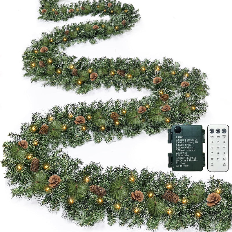 Auto Timer & 8 Modes 9Ft by 10 Inch 50 LED Prelit Christmas Garland Decorations Warm Lights Thick 270 Lifelike Snowy Tips 70 Red Berries 10 Pinecones Xmas Garland Fireplace Door Stairs Home Outdoor