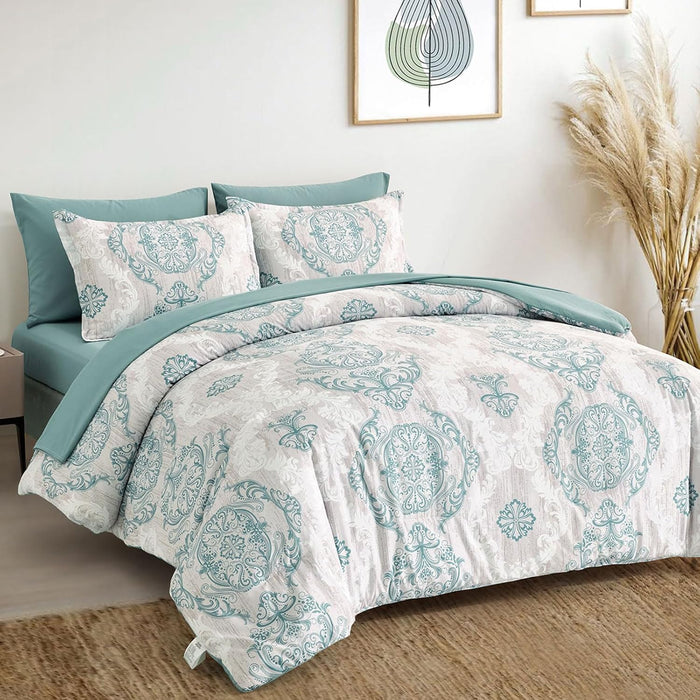 WONGS BEDDING Black Comforter Set Queen Size, Gold Damask Texture 7 Pieces Bed in a Bag Microfiber Comforter Bedding Sets -1 Comforter, 1 Flat Sheet, 1 Fitted Sheet, 2 Pillow Shams, 2 Pillowcases