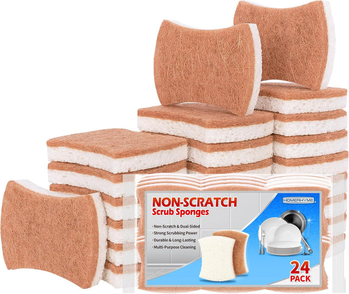 HOMERHYME Heavy Duty Scrub Sponge 24 Pack, Eco Cellulose Kitchen Dish Sponge Multipurpose Ergonomic for Washing Dishes, Uncoated Cookware & Household Cleaning.