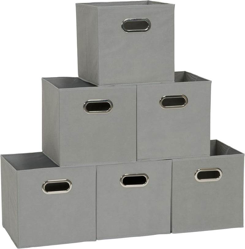 Household Essentials Fabric Storage Cube Bins, 6 Piece Set, Strong Poly-Woven Fabric, Chipboard Sides, Grommet Front Handle, Stackable and Foldable, Classic Design, Dark Green