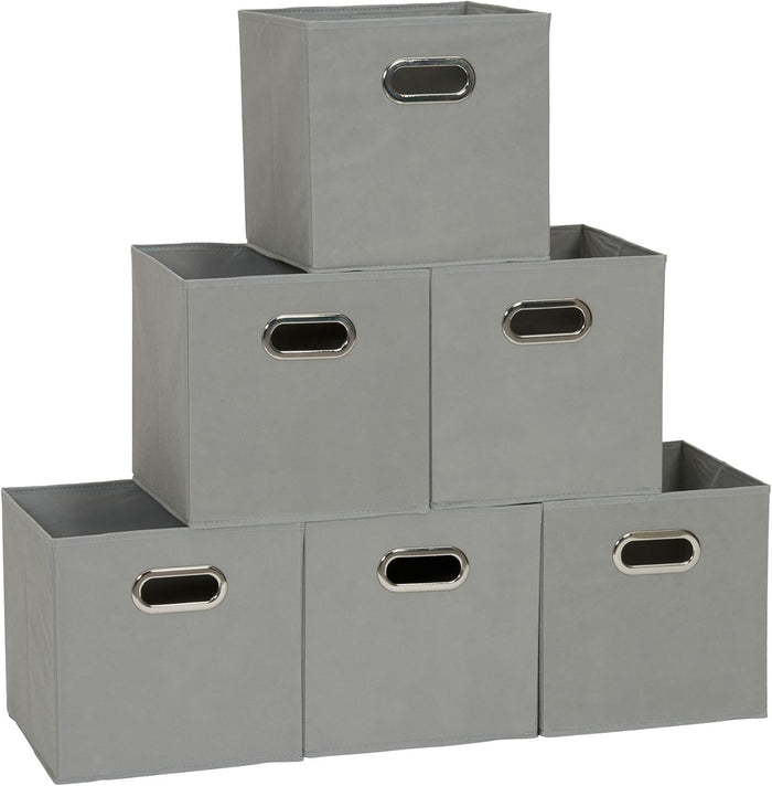 Household Essentials Foldable Fabric Storage Cubes 6-Pack – 11x11x11 Stackable Non-Woven Bins with Chipboard Sides & Grommet Handles – Closet, Shelf, Nursery, or Office Organizer – Black