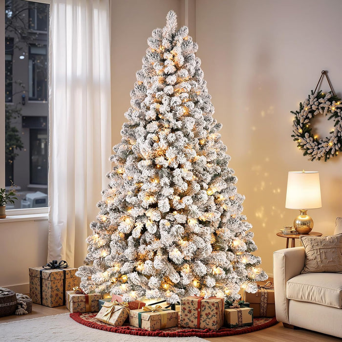 SHareconn 7.5ft Prelit Snow Flocked Spruce Artificial Christmas Tree with 350 Incandescent Warm White Lights, Foldable Stand, Snow Flocked Full Prelighted Xmas Tree W/1170 Branch Tips, 7.5 FT, White